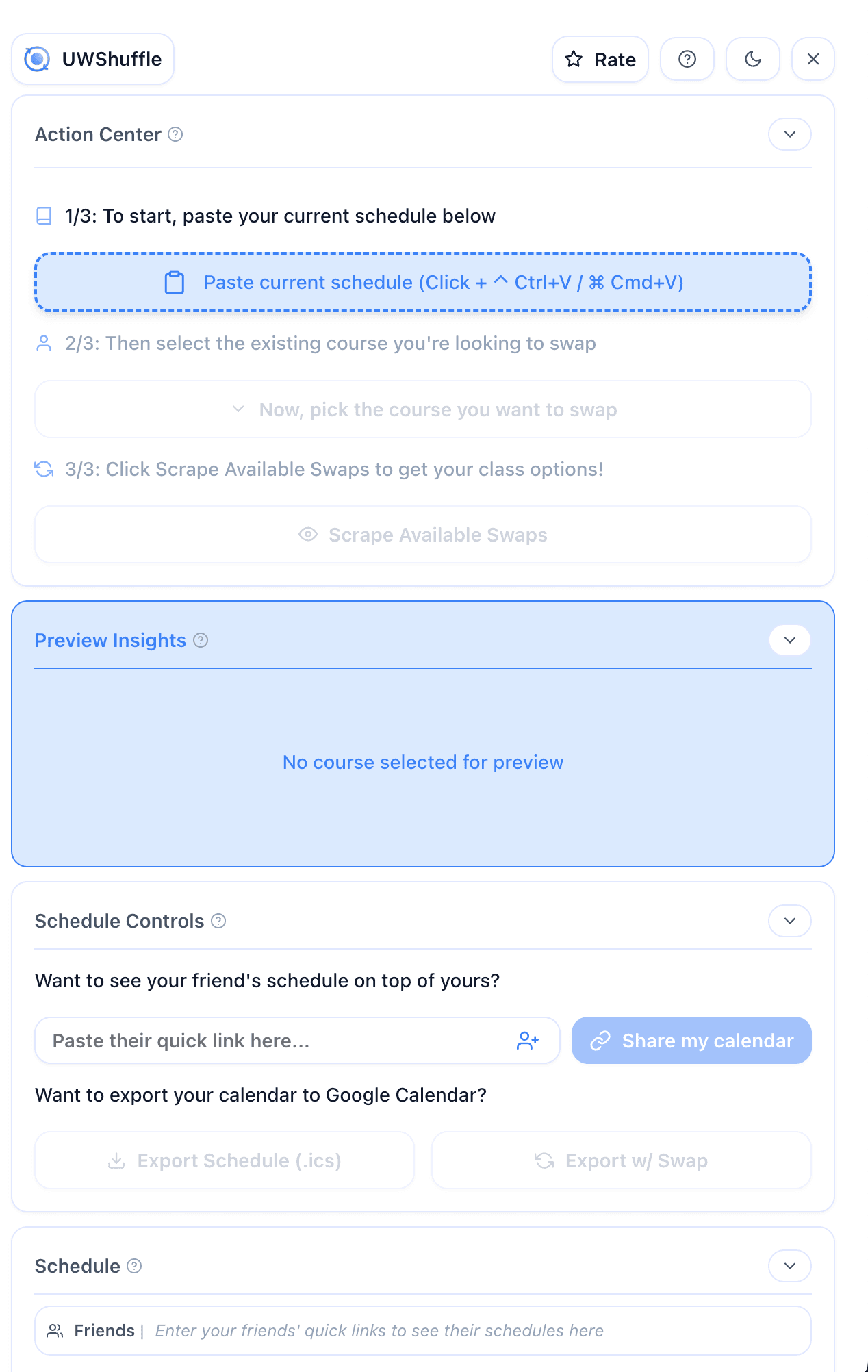 UW Shuffle sidebar interface